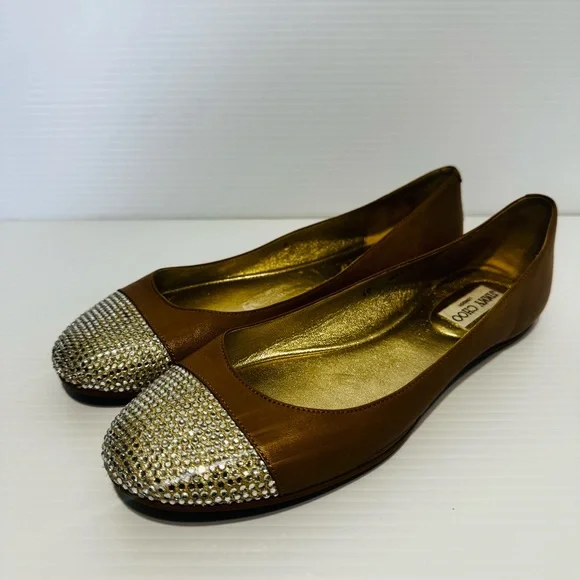 Jimmy Choo Nude Leather Crystal Toe Ballet Flats Size 40 - Picture 2 of 14